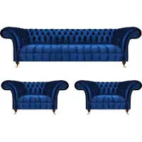 AEA Chesterfield Blau Sofa Set 3tlg Textil Sofa Dreisitze 2x Sessel Wohnzimmer