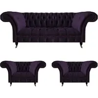 AEA Set complet 3pcs canapé trois places tissu lilas 2x fauteuils aménagement Chesterfield