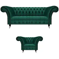 AEA Ensemble de canapé Chesterfield vert complet Fauteuil design trois places