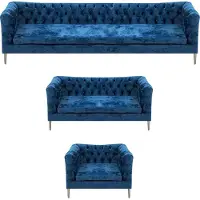 AEA Wohnzimmer Set 3tlg Modern Blau Design Textil Stoff Chesterfield Sofa Komplett
