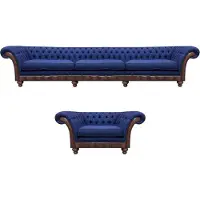 AEA Bleu Chesterfield Meubles rembourrés Designer Canapé 3 places Fauteuil en tissu 2pcs