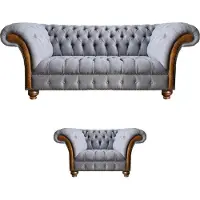 AEA Luxuriöse Chesterfield Hellgraue Sofagarnitur Polstersofas Edler Sessel