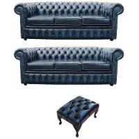 AEA Klassische Leder Sofa Couch Polster Garnitur Chesterfield 3+3 Hocker