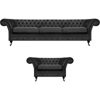AEA Canapé 3 places noir, fauteuil 1 place, ensemble de meubles rembourrés pour salon, style Chesterfield