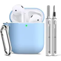 OEM Coques en silicone pour AirPods, modèles 1ère et 2ème génération, avec porte-clés et outil de nettoyage – couleur bleu ciel, idéal pour hommes et femmes
