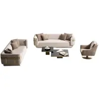 AEA Beige Sofagarnitur Stilvoller 4-Sitzer Holz Couchtisch Goldelemente