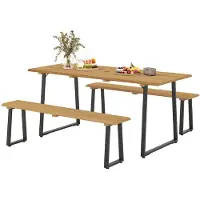 Outsunny Ensemble de salon 3 pièces en bois pour 6 personnes Table de salle à manger avec bancs