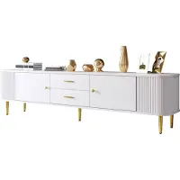 Fortuna Lai Meuble TV avec 2 tiroirs, 2 portes, coins arrondis, bords ondulés, poignées et pieds dorés, blanc