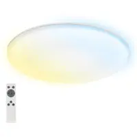 Briloner Rowny LED Plafonnier salle de bain, variateur, télécommande, lumière indirecte, protection contre les éclaboussures et la poussière, blanc, Ø35 x 5,5 cm