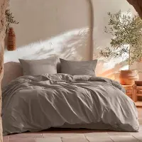 Gamusi Ensemble de literie , 100% coton, 220x220 cm, couleur gris – Doux et respirant, 144 fils, fermeture à boutons, comprenant 2 taies d'oreiller