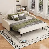 Flieks Canapé-lit 90x200cm avec USB, lit rembourré avec lit gigogne, lit de jour lit d'invité avec sommier à lattes, lit simple en bois, lin, beige