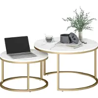 HOMCOM Lot de 2 tables basses gigognes, table basse ronde, empilable, design industriel, pieds en métal, blanc