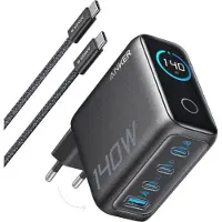 Anker Chargeur réseau Zolo, 140W, 5A, 1 x USB-A - 3 x USB-C, avec câble USB-C inclus, Affichage numérique, Noir