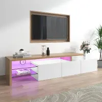 Merax Meuble TV laqué brillant avec éclairage LED, pour téléviseurs de 70 à 79 pouces, meuble TV bas avec 3 compartiments et étagères en verre, contrôle via application, blanc