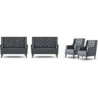 AEA Komplett Chesterfield Sofa-Set Schwarz 2-Sitzer Sessel Leder Sitzmöbel