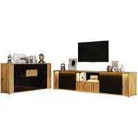 StarTech.com Ensemble salon - Meuble TV et meuble de rangement latéral - 2 pièces - Noir/Naturel - Pour téléviseurs jusqu'à 190,5 cm - Meuble TV : 180 × 40 × 51 cm, Meuble de rangement latéral : 140 × 35 × 71 cm