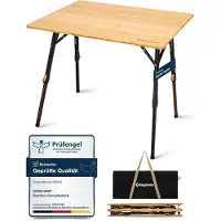 Kingcamp Table de camping en bambou, pliante, avec réglage de la hauteur, dimensions 80x60 cm, capacité de charge de 80 kg, livrée avec une sacoche de transport