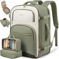 LOVEVOOK Sac à dos de cabine, sac à dos de voyage, imperméable, 40 litres, pour femmes et hommes, avec compartiment pour ordinateur portable de 17,3 pouces, couleur vert olive/beige
