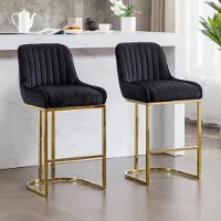 Sonstiges Ensemble de 2 tabourets de bar en velours, avec dossier et pieds en métal doré, de couleur noire