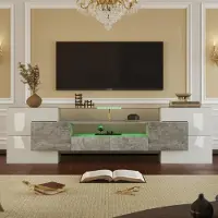 Sonstiges Meuble TV bas avec surface en verre et éclairage LED, 200 cm, blanc/gris