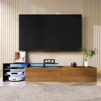 Sonstiges Meuble TV bas, finition laquée brillante, imitation bois, avec éclairage LED, dimensions 170x33x33,5 cm, étagères en verre