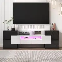 Sonstiges Meuble TV avec éclairage LED, finition laquée brillante, aspect marbre, blanc/noir, 145 cm