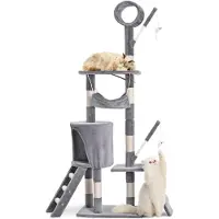 VOUNOT Arbre à chat 155cm, Arbre à chat multi-niveaux avec griffoirs Caverne, Gris