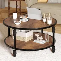 StarTech.com Table basse - Table ronde pour salon - Style rustique/antique - Étagère inférieure - Plateau en bois - Pieds en métal robustes - Diamètre : 88 cm