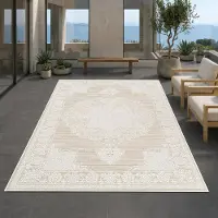 Carpetia Tapis beige crème avec un motif graphique vintage, adapté à une utilisation intérieure et extérieure, de forme ronde et d'un diamètre de 120 cm
