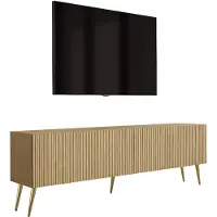 3Xeliving Meuble TV en chêne huilé, pieds inclinés dorés, dimensions : 170 x 32 x 52 cm