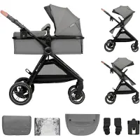Kinderkraft Poussette 2-en-1 ESME jusqu'à 25 kg, système de voyage avec adaptateurs, grandes roues en TPE à suspension, livrée avec tous les accessoires, pliable et compacte, gris