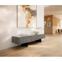 DELIFE Meuble-TV Cuor 150 cm Céramique Béton gris 1 Clapet 1 Tiroir Pied optique flottant Métal Noir