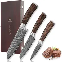 Wakoli Edib 3pc damask knife set I Wooden box I 8 - 17cm blade I Pakka wood handle