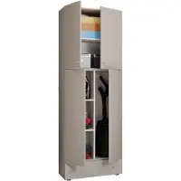 VCM Armoire à balais en bois | 6 compartiments | Dimensions : H. 200 x W. 70 x D. 39 cm | Armoire de ménage | Armoire polyvalente | Tiroir supplémentaire - Lona
