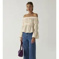 Laagam pour femme. M2326 Blouse Addison froncée beige (M), Casuel, Polyester, Manche longue