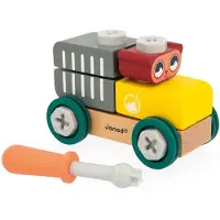 Janod Brico'Kids - Voiture de chantier en bois avec ours et briques - Jouets éducatifs