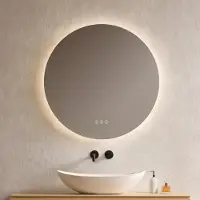 Emke Miroir de salle de bain LED rond 80 cm avec antibuée Miroir de salle de bain 3 couleurs de lumière Miroir de salle de bain LED à intensité variable avec interrupteur tactile