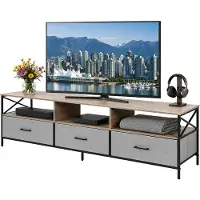 Relaxdays , meuble TV, dimensions (H x L x P) : 50 x 170 x 40 cm, 3 tiroirs et étagères, MDF, métal, tissu, table basse TV, couleur : gris clair/noir