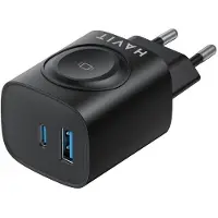 Havit UC132 EU - Chargeur GaN 22 W à double port avec option de charge sans fil, noir