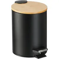 Relaxdays Poubelle de salle de bain , 3 l, poubelle cosmétique à fermeture automatique, couvercle en bambou, seau intérieur amovible, poubelle à pédale, noir