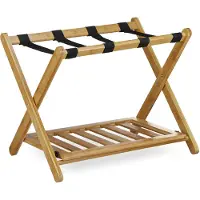 Relaxdays Porte-bagages en bambou, pliable, pour valises et sacs de voyage, 2 étagères, porte-bagages, L x l x H : 53 x 68 x 47 cm, couleur naturelle