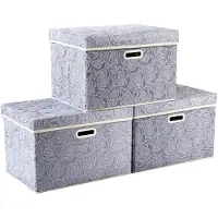 Merkloos Omgoods - Coffret de 3 boîtes de rangement grises avec couvercle et poignées