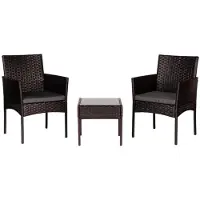 Multigarden ESO-F368 : Ensemble de mobilier de jardin comprenant 2 fauteuils et une table avec plateau en verre, en résine tressée marron