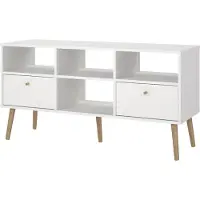 Giga Meuble TV Bodo Blanc Mat 2 Tiroirs Pieds et Poignées en Bois Naturel 117x39x61 Cm