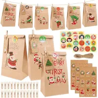Merkloos Calendrier de l'Avent à fabriquer soi-même, comprenant 24 petits sacs en papier kraft, des chiffres autocollants, des autocollants de Noël et 10 mètres de ficelle en jute