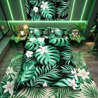 Merkloos Omgoods - Ensemble de couette "Feuilles tropicales", taille super king