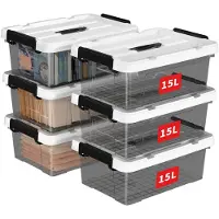 Merkloos Omgoods - Coffret de 6 boîtes de rangement empilables avec poignée (15 litres, couleur noire transparente)