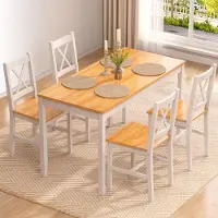 Sonstiges Ensemble repas pour 4 personnes : table avec 4 chaises, en bois, finition naturelle/blanc. Design compact. Dimensions : 108 x 65 x 73 cm