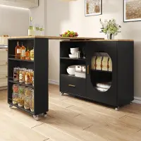 Flieks Îlot de cuisine avec plateau rotatif à 360°, îlot de cuisine avec table bar, tiroir et porte en verre, table à manger mobile 120-180x60x90 cm, noire
