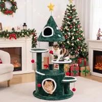 Costway Arbre à gratter , 127 cm, idéal pour Noël, avec étoile et flocons de neige, 2 cachettes, 3 plateformes, colonne à gratter en sisal, 6 jouets et arbre à gratter pour chats